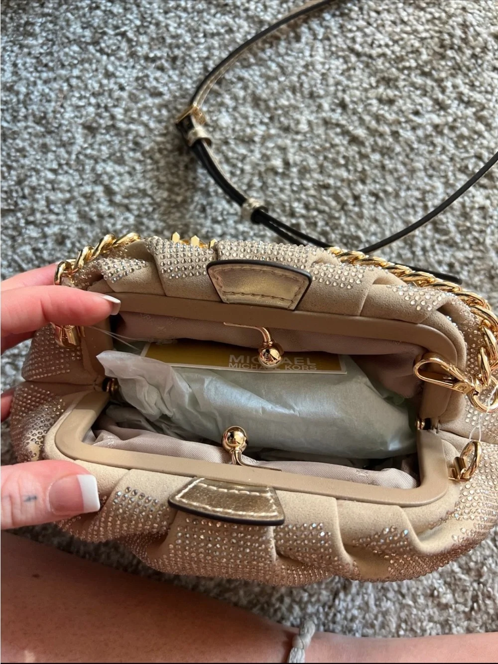 Michael Kors Champagne Crystal Shoulder Bag with Gold Chain